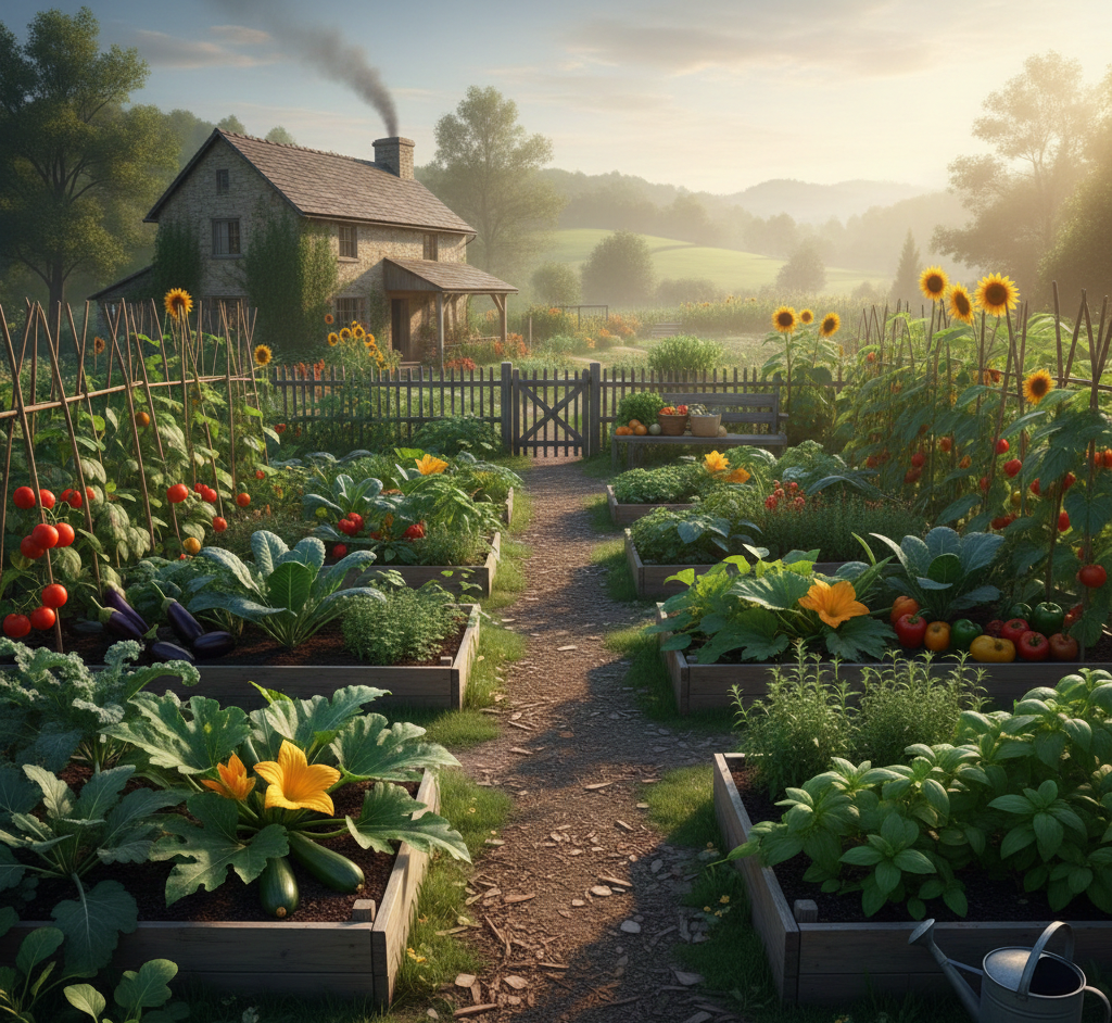 Lush organic garden with vegetables